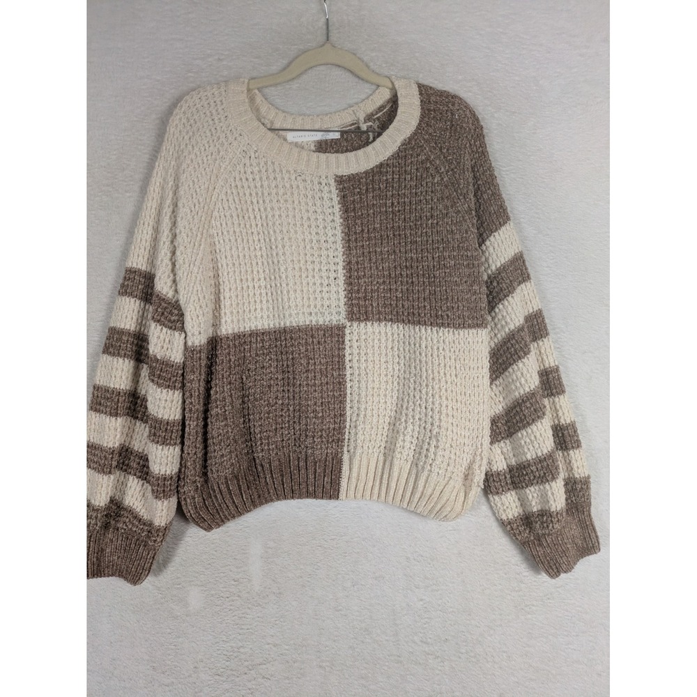 Altar'd State Sweater Women's L Brown Colorblock Striped Waffle Knit Chenille